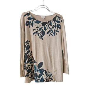 PureJill Tunic Top Womens Medium Tan Blue Leaf Print Button Accents Long Sleeve